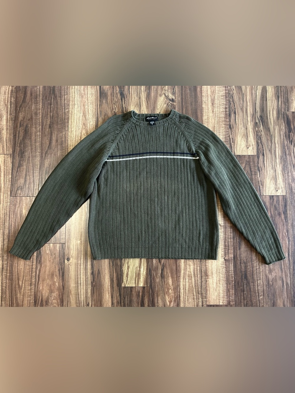 Eddie Bauer Vintage Mens Green Ribbed Knit 100% Cotton Crewneck Sweater XL Tall